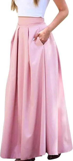 Solid Color Women Skirts Pleated with Pockets Dress Plus Size A Line High Waist Summer 2023 Modest Robe Classy Flowy