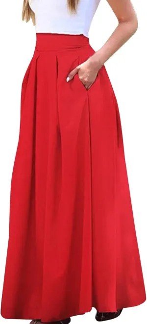 Solid Color Women Skirts Pleated with Pockets Dress Plus Size A Line High Waist Summer 2023 Modest Robe Classy Flowy