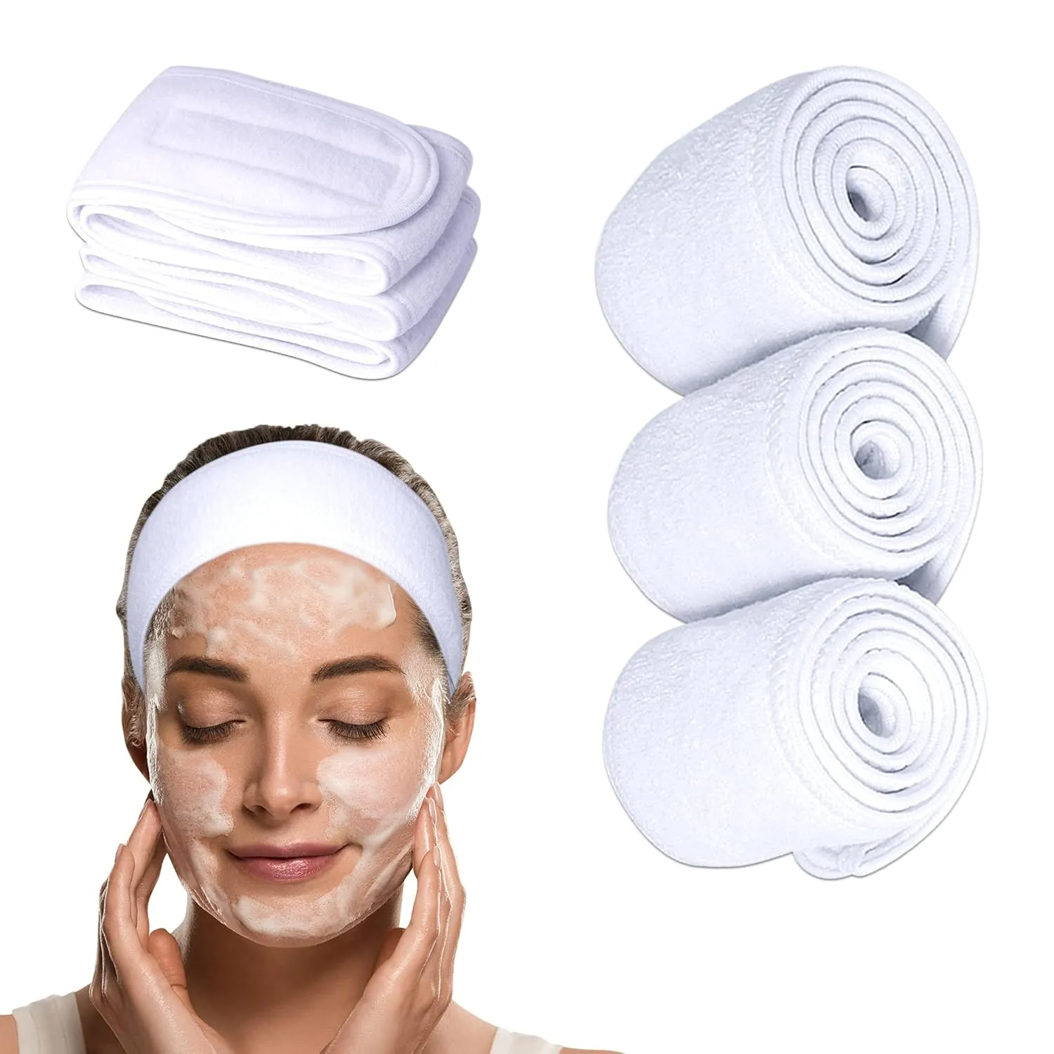 Spa Headband Head Wrap - Extra Long For Easy Fit - Terry Cloth Facial Makeup Sports Towel with Long Hook and Loop Tape from Small to Large Head 3 Pieces (All White)