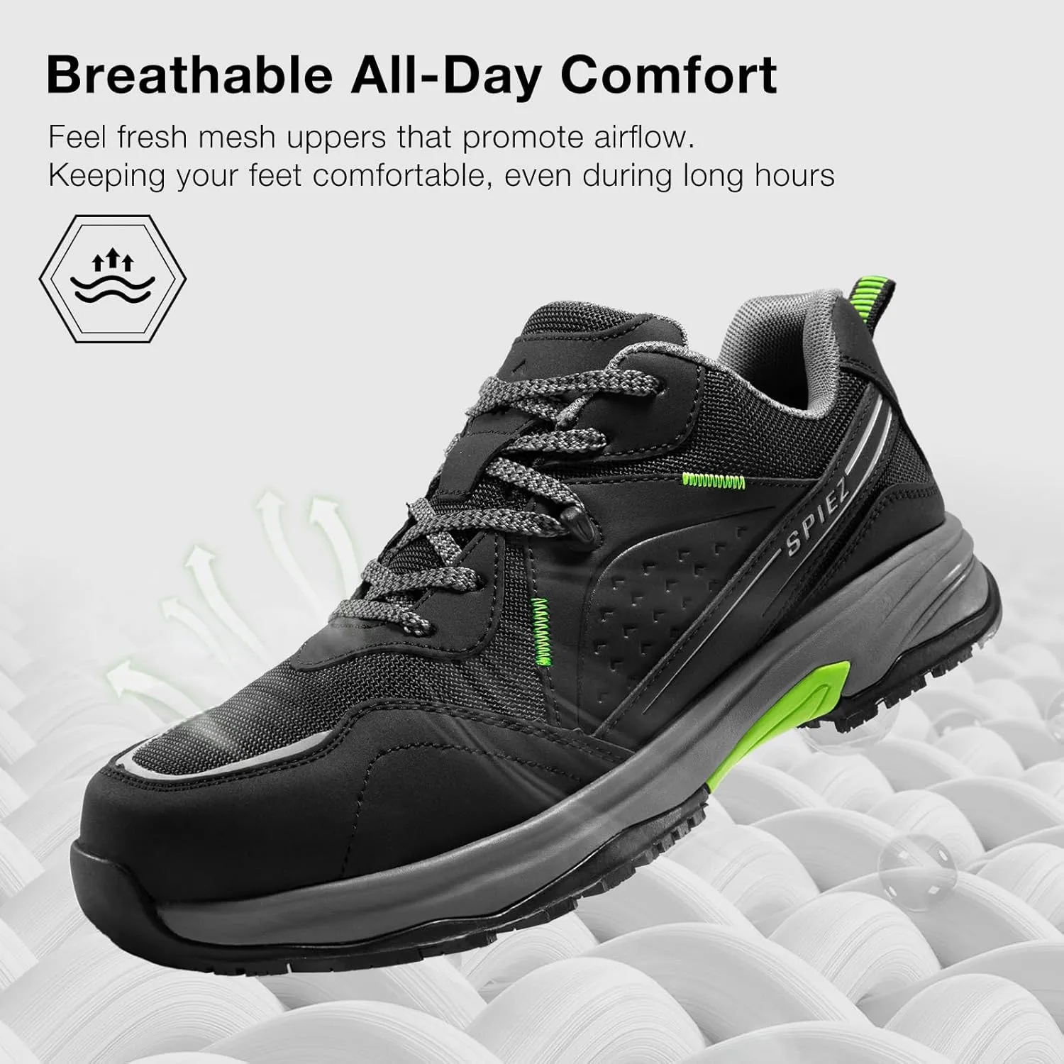 SPIEZ Men's Safety Work Shoes, Oil-Resistant, Non-Slip Composite Toe, Outdoor & Safety Shoes, Black/Green (US 7.5-12)