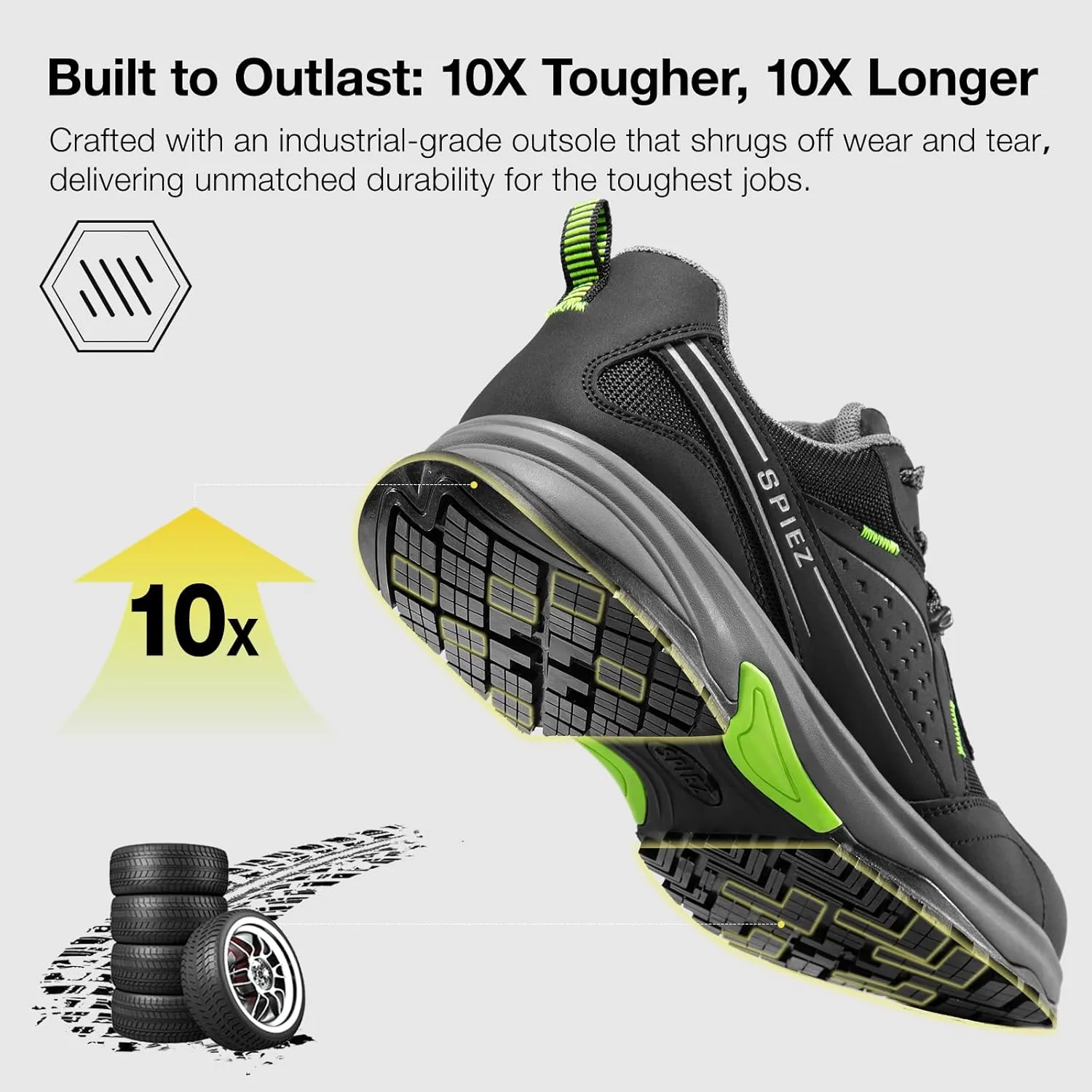 SPIEZ Men's Safety Work Shoes, Oil-Resistant, Non-Slip Composite Toe, Outdoor & Safety Shoes, Black/Green (US 7.5-12)