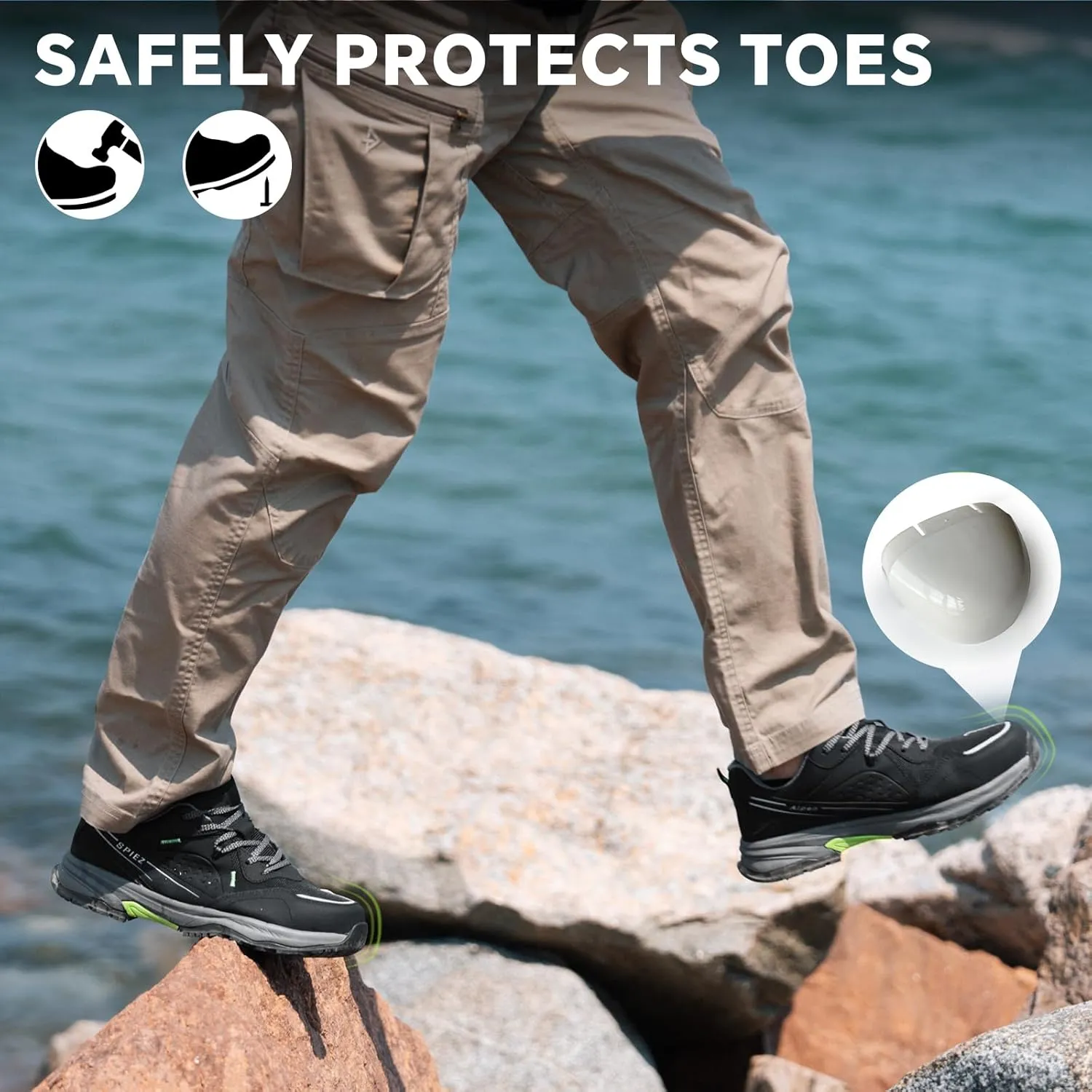 SPIEZ Men's Safety Work Shoes, Oil-Resistant, Non-Slip Composite Toe, Outdoor & Safety Shoes, Black/Green (US 7.5-12)