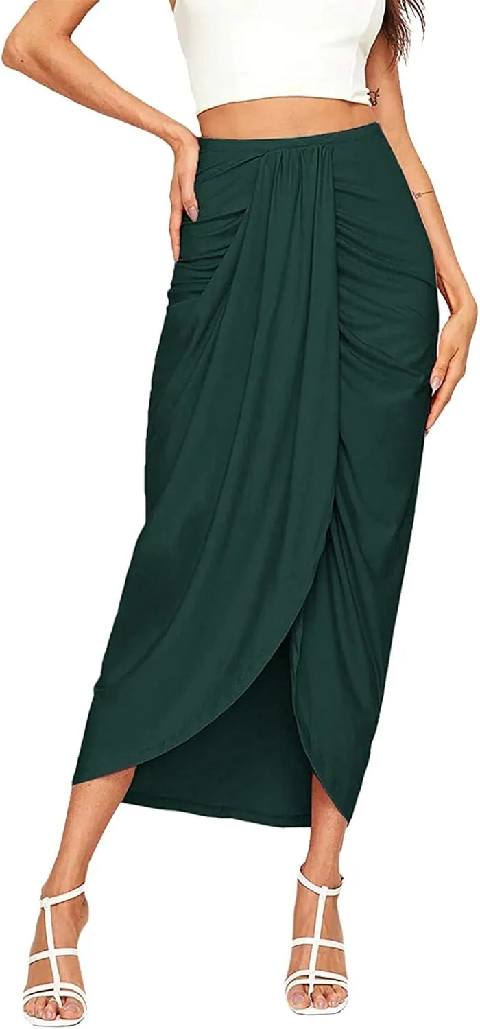 Split Athletic Skirt Asymmetrical Pleated Dress Solid Casual High Low Wrap Rise Summer Skirts for Women 2023 Modest