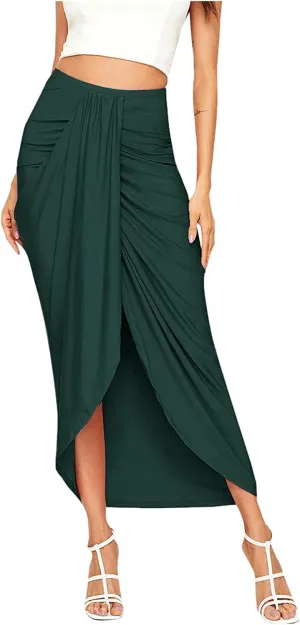 Split Athletic Skirt Asymmetrical Pleated Dress Solid Casual High Low Wrap Rise Summer Skirts for Women 2023 Modest