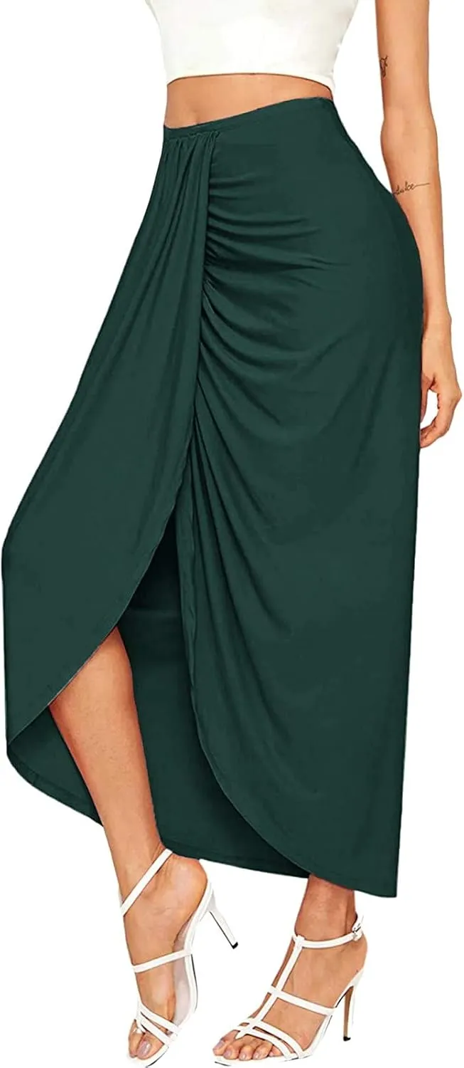 Split Athletic Skirt Asymmetrical Pleated Dress Solid Casual High Low Wrap Rise Summer Skirts for Women 2023 Modest