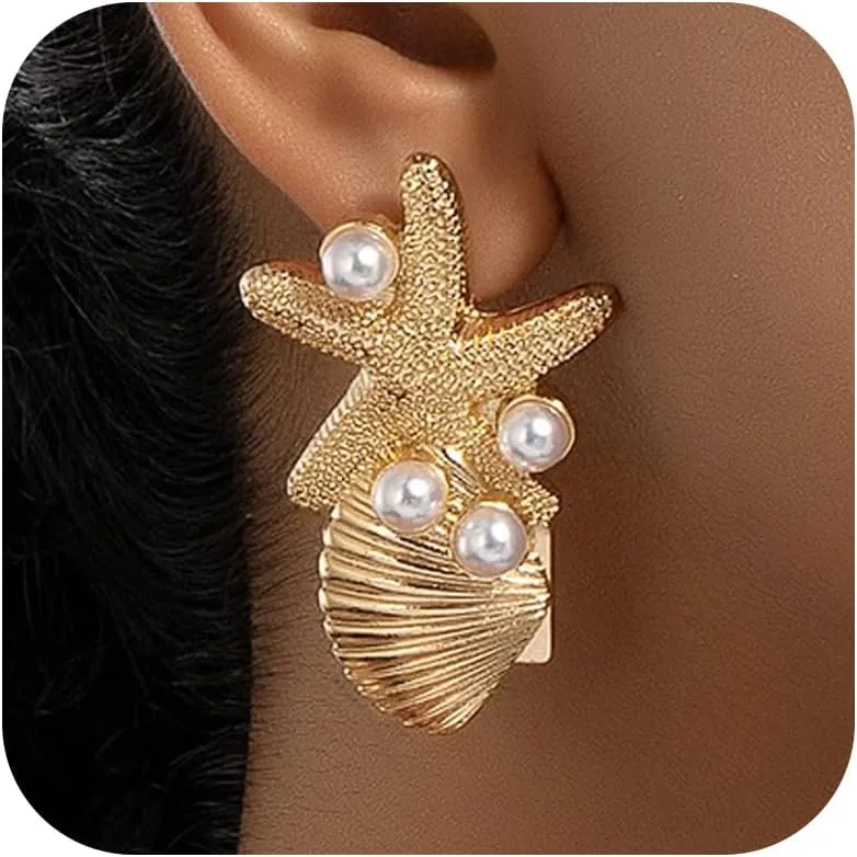 Starfish Earrings for Women Gold Shell Conch Starfish Earrings Summer Beach Jewelry Outfits Accessories