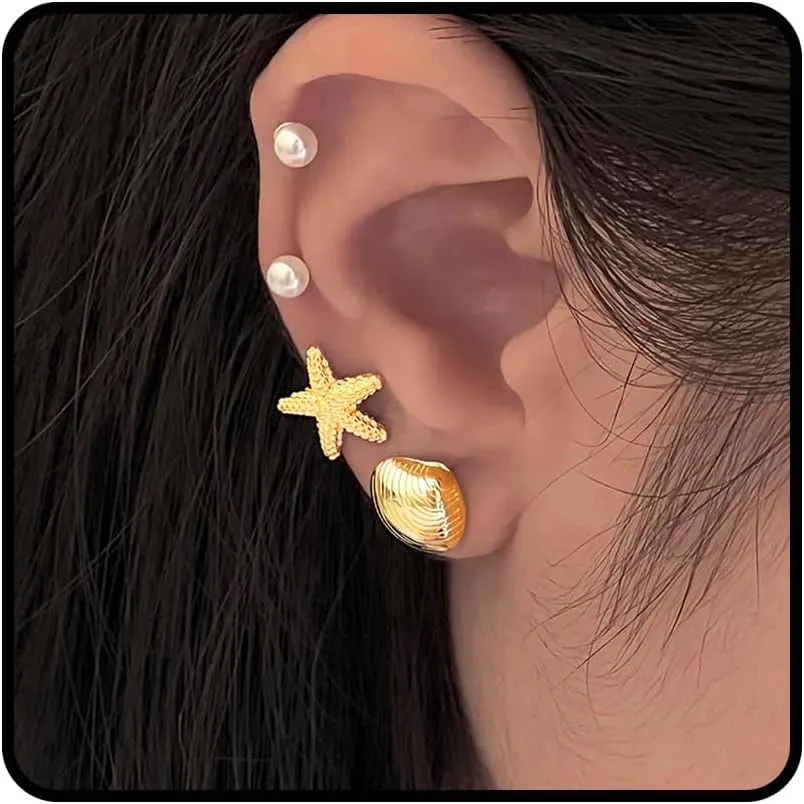 Starfish Earrings, Gold Shell Pearl Studs Earrings Set Statement Hypoallergenic Earrings Dainty Beach Earrings Summer Fashion For Women Jewelry Gifts