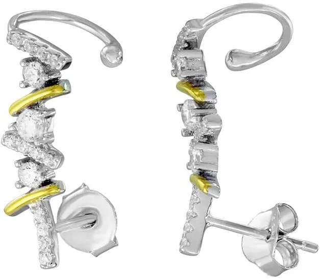 Sterling Silver 925 Climbing Two Tone Earrings Silver & Gold Plated Women Jewelry CZ Stunning Ear Climber