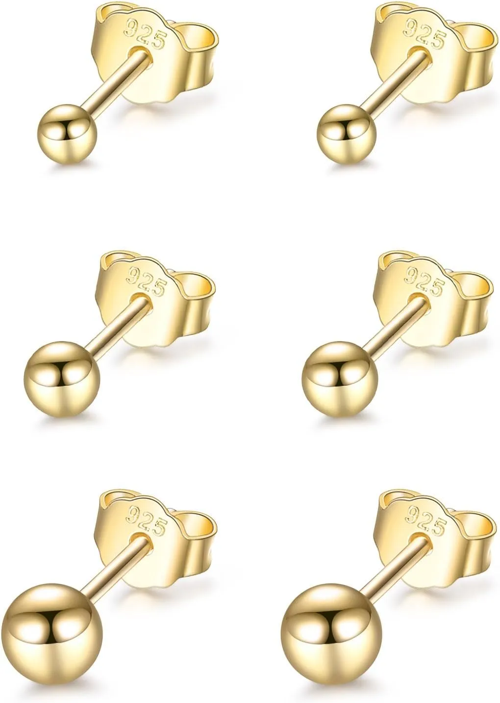 Sterling Silver Round Ball Stud Earrings for Women Men, 3 Pairs Hypoallergenic Small Tiny Stud Earring Set (Diameter 2/3/4mm)
