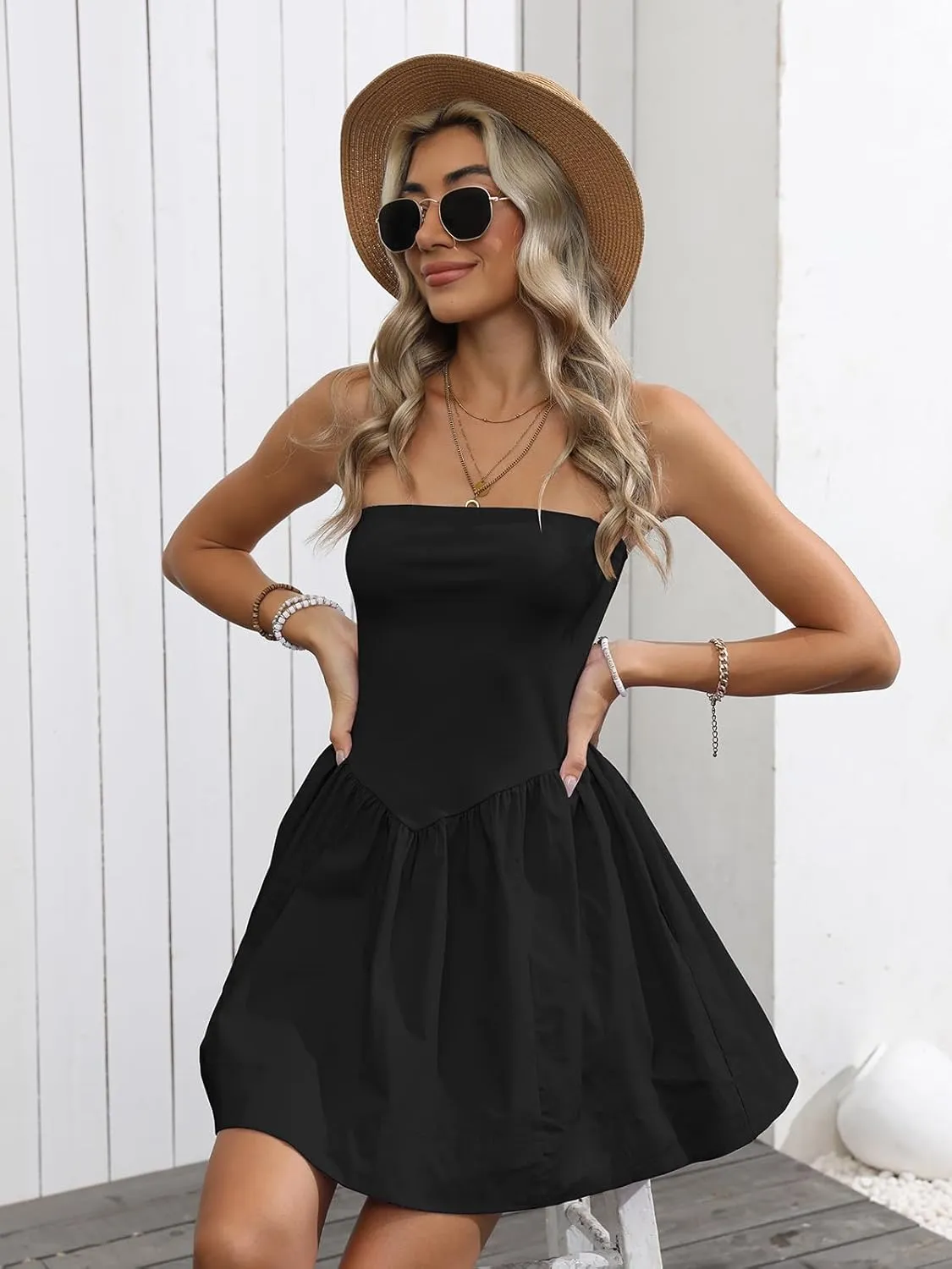 Strapless Mini Dresses for Women Summer Backless Sleeveless Solid Flowy A Line Patchwork Beach Tube Top Dress