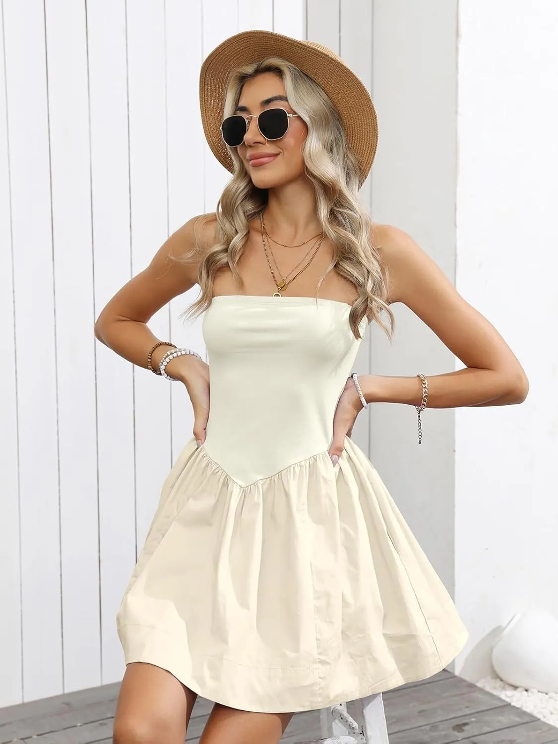 Strapless Mini Dresses for Women Summer Backless Sleeveless Solid Flowy A Line Patchwork Beach Tube Top Dress