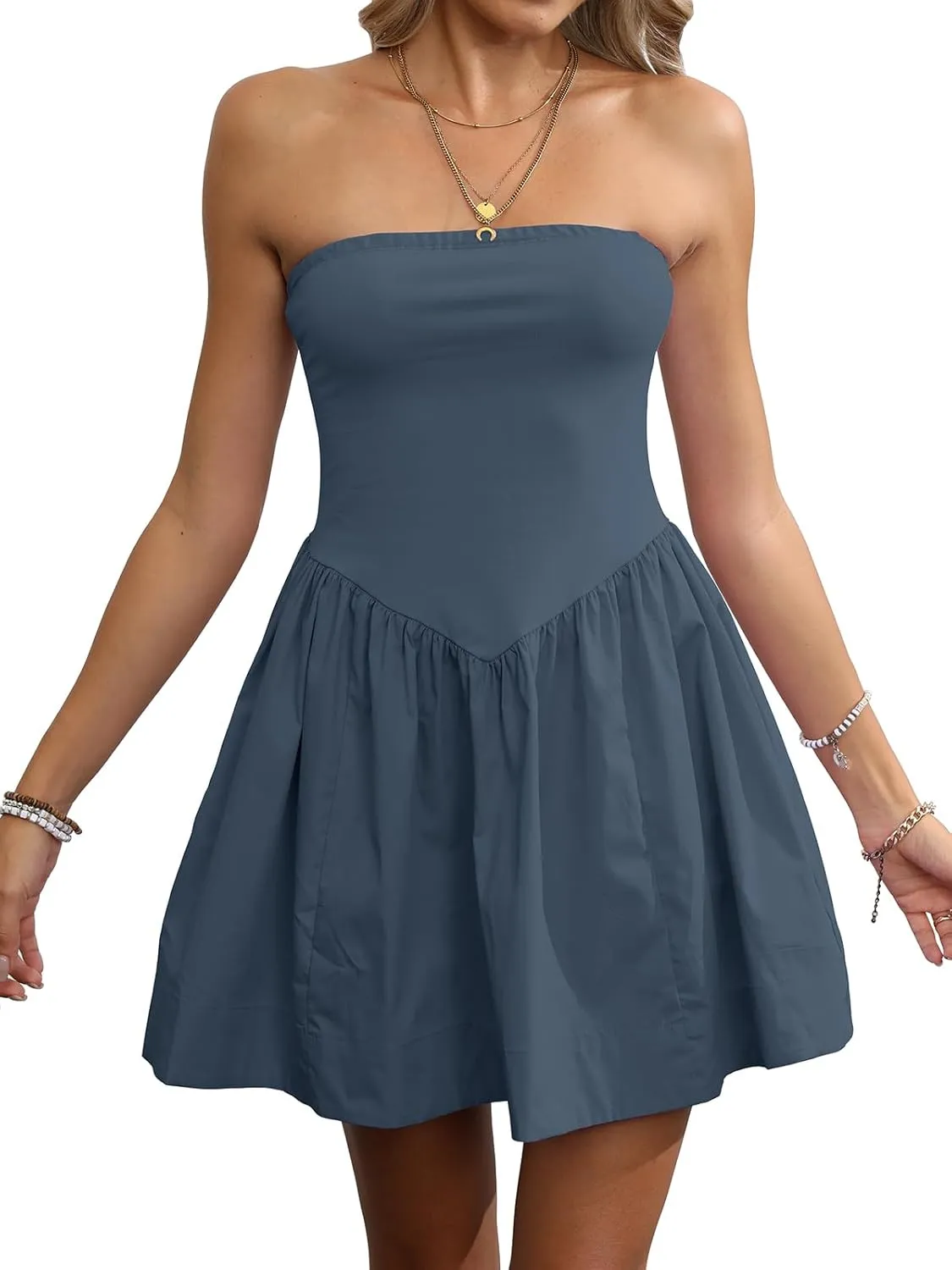 Strapless Mini Dresses for Women Summer Backless Sleeveless Solid Flowy A Line Patchwork Beach Tube Top Dress