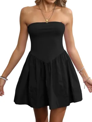 Strapless Mini Dresses for Women Summer Backless Sleeveless Solid Flowy A Line Patchwork Beach Tube Top Dress