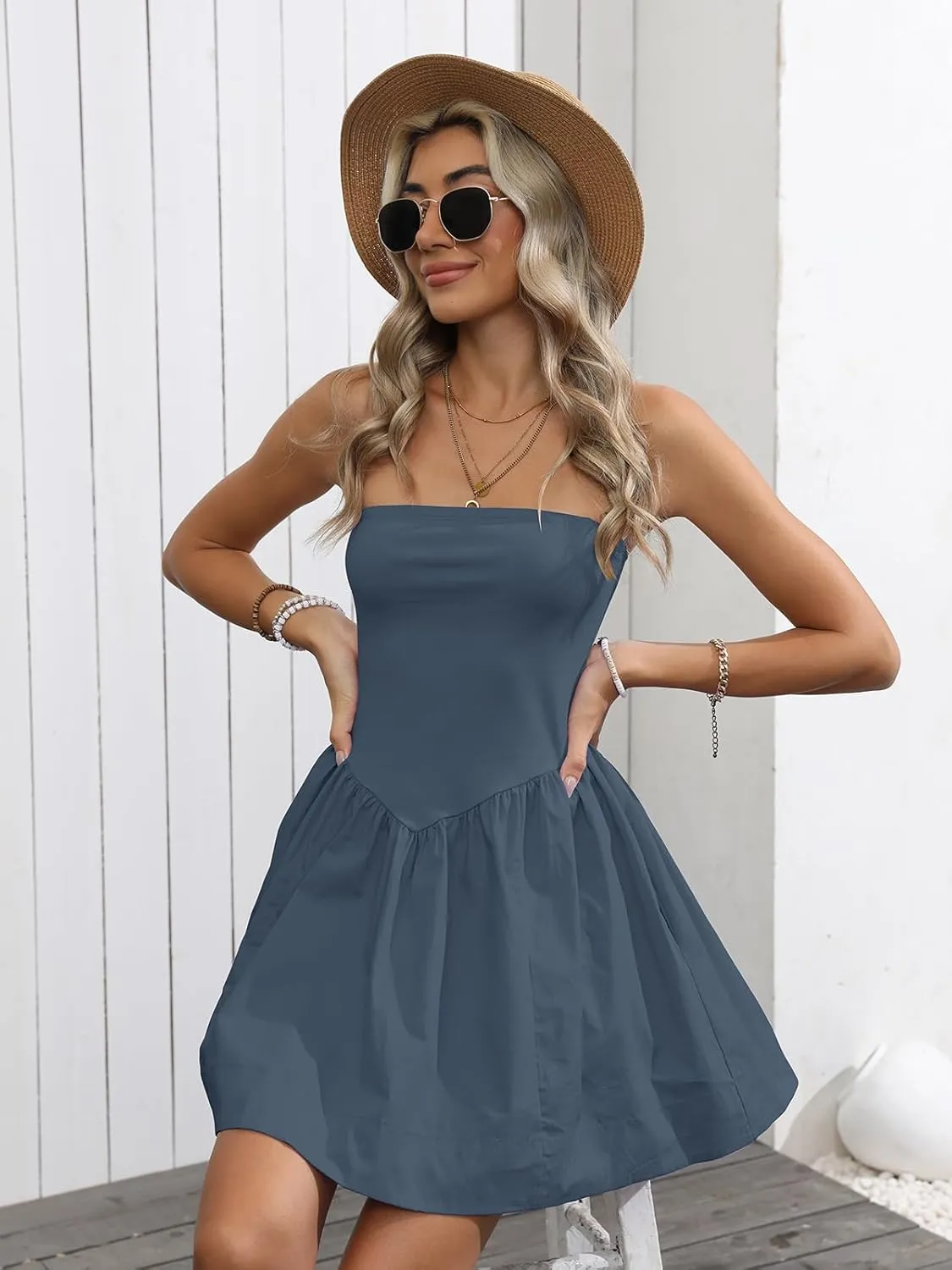 Strapless Mini Dresses for Women Summer Backless Sleeveless Solid Flowy A Line Patchwork Beach Tube Top Dress