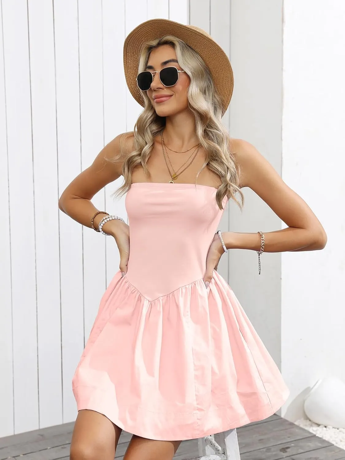 Strapless Mini Dresses for Women Summer Backless Sleeveless Solid Flowy A Line Patchwork Beach Tube Top Dress