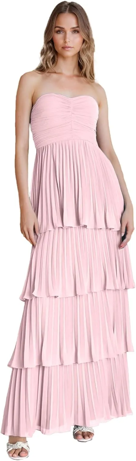 Strapless Tiered Prom Dresses 2025 Long A-Line Chiffon Ruffle Sweetheart Formal Evening Gown Womens Maxi Dress