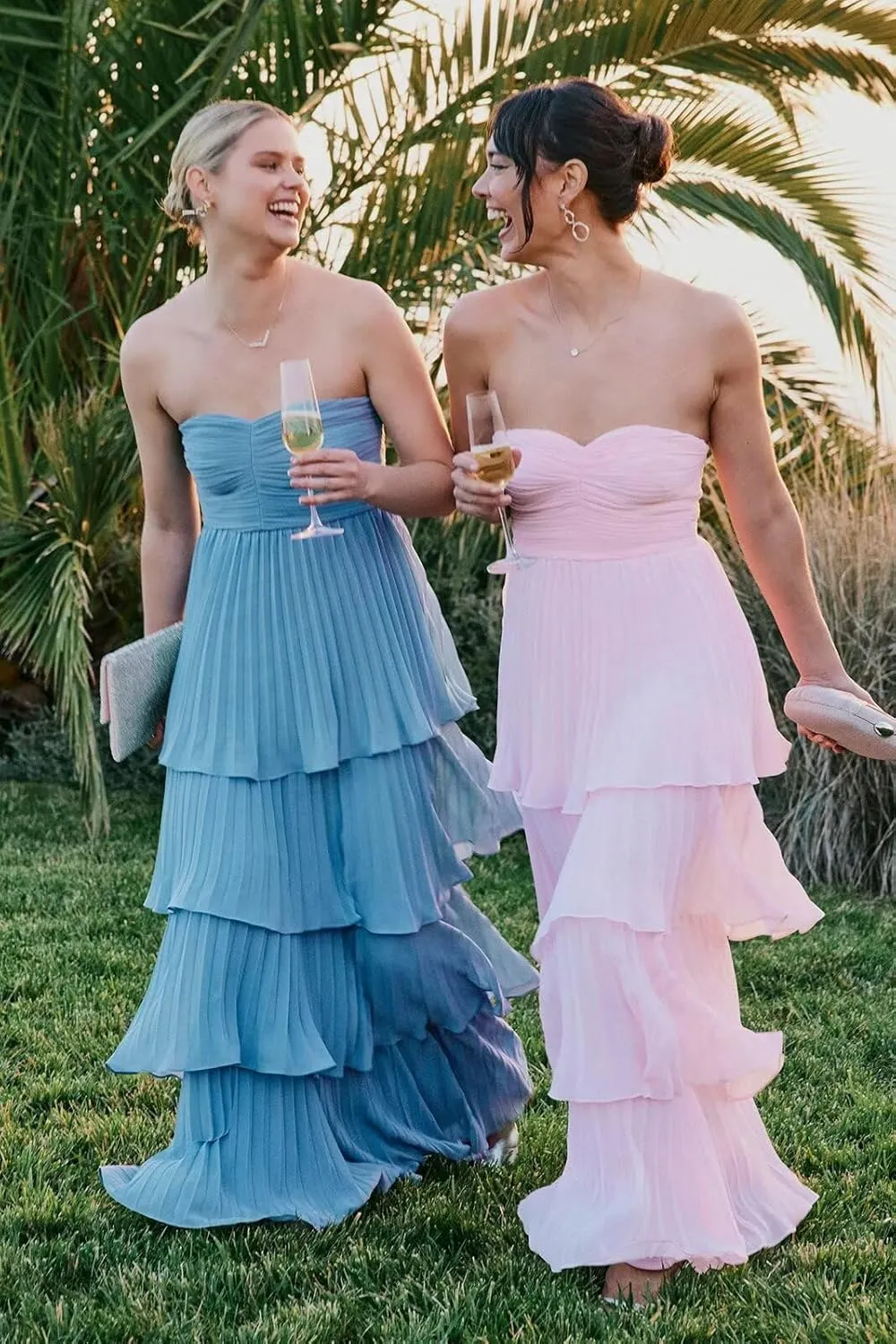 Strapless Tiered Prom Dresses 2025 Long A-Line Chiffon Ruffle Sweetheart Formal Evening Gown Womens Maxi Dress