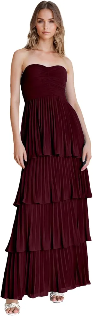 Strapless Tiered Prom Dresses 2025 Long A-Line Chiffon Ruffle Sweetheart Formal Evening Gown Womens Maxi Dress