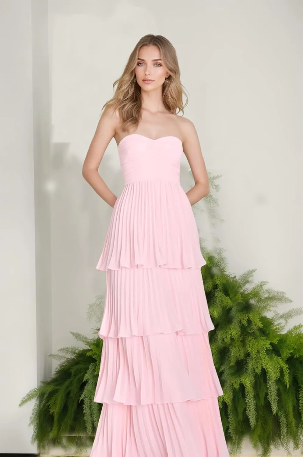 Strapless Tiered Prom Dresses 2025 Long A-Line Chiffon Ruffle Sweetheart Formal Evening Gown Womens Maxi Dress