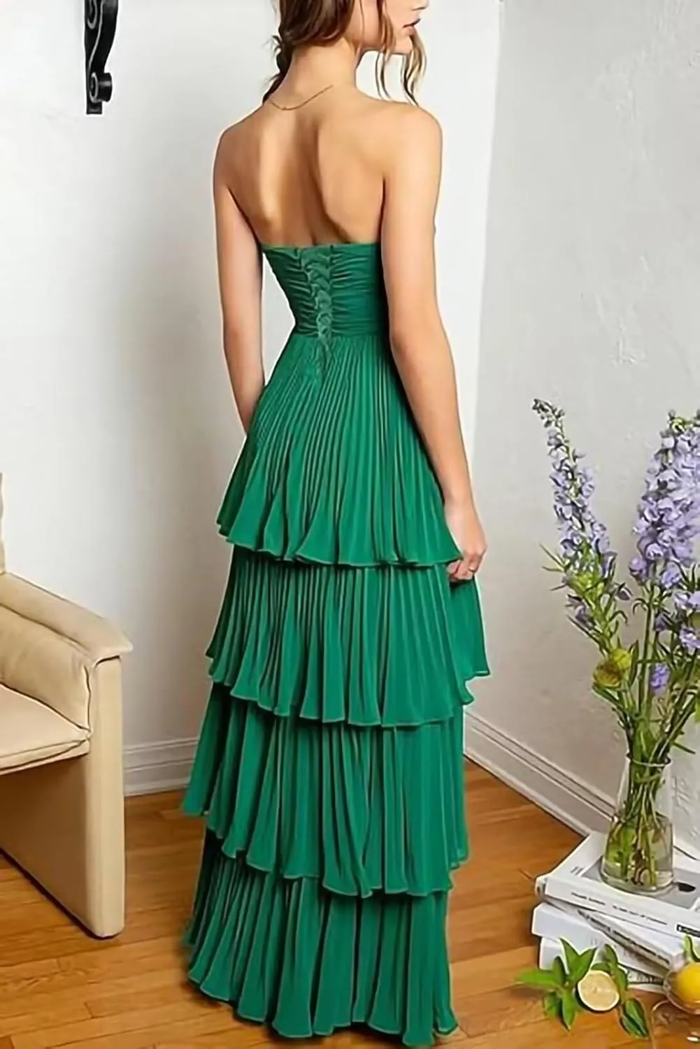 Strapless Tiered Prom Dresses 2025 Long A-Line Chiffon Ruffle Sweetheart Formal Evening Gown Womens Maxi Dress