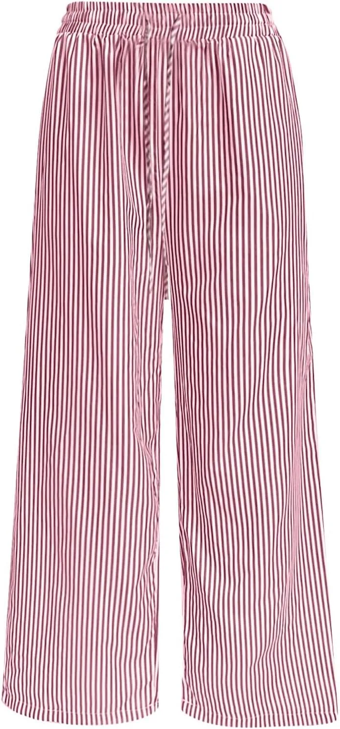 Striped Pants for Women Casual Elastic Drawstring High Waist Wide Leg Pants Vintage Streetwear Trousers