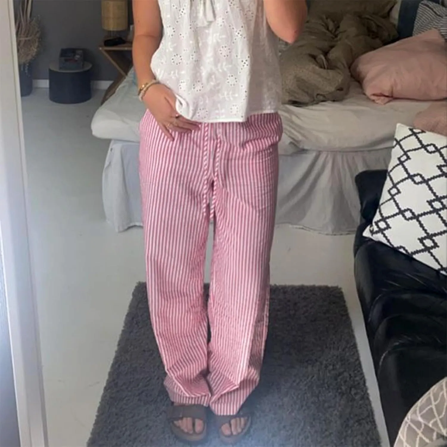 Striped Pants for Women Casual Elastic Drawstring High Waist Wide Leg Pants Vintage Streetwear Trousers