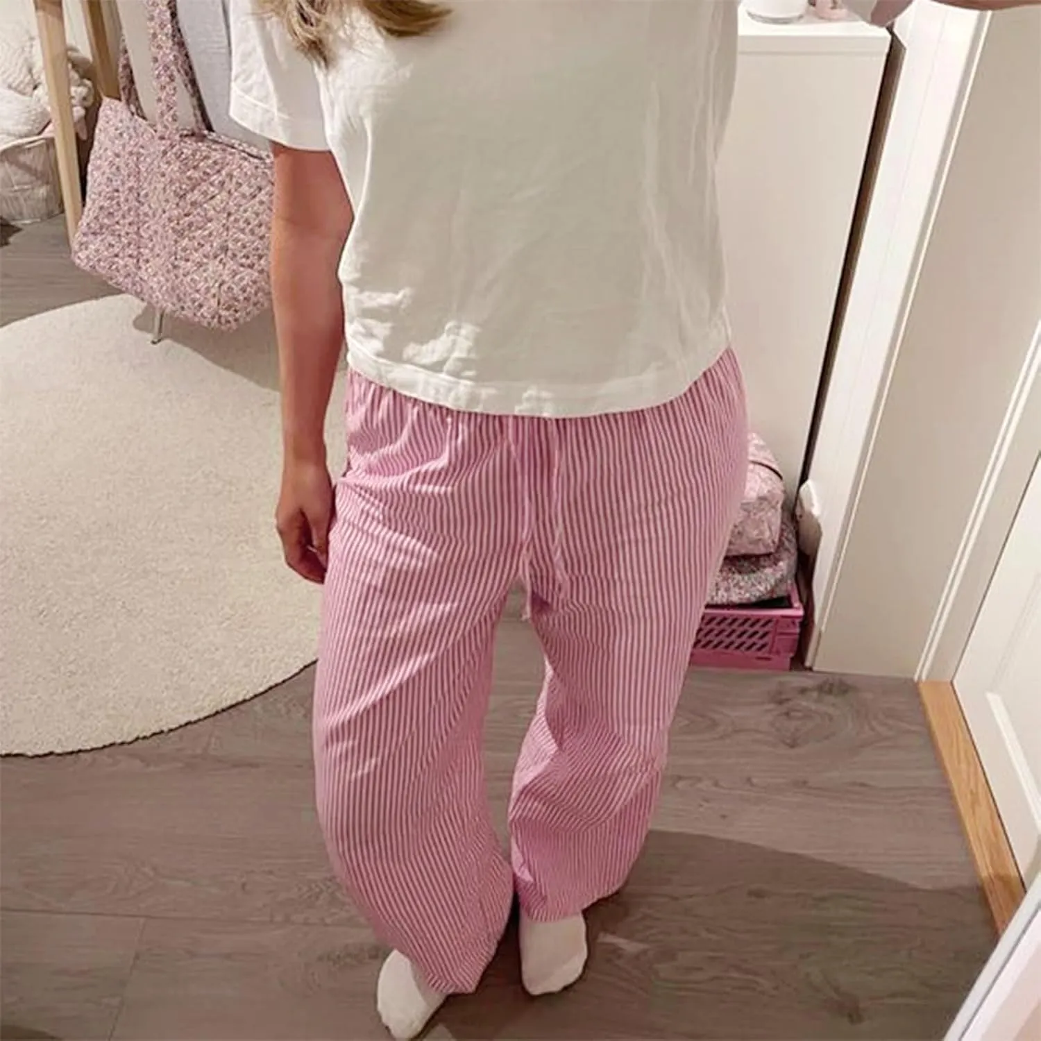 Striped Pants for Women Casual Elastic Drawstring High Waist Wide Leg Pants Vintage Streetwear Trousers