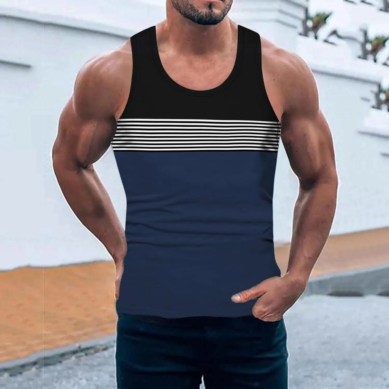 Striped Tank Tops for Men Beach Wear Graphic Sleeveless Graphic Shirts Big Tall Sports Gym Workout Casual Summer Tops