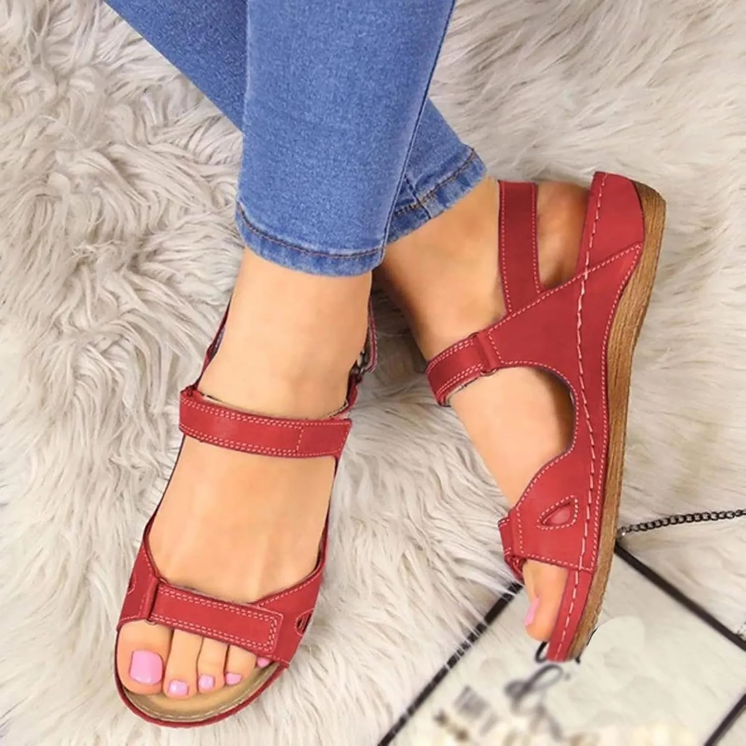 SuanlaTDS Flat Orthopedic Sandals for Women Comfortable Open Toe Adjustable Ankle Strap Platform 2025 Dressy Summer Beach Dress Shoes Arch Support Low Wedge Heel Walking Outdoor Sandal