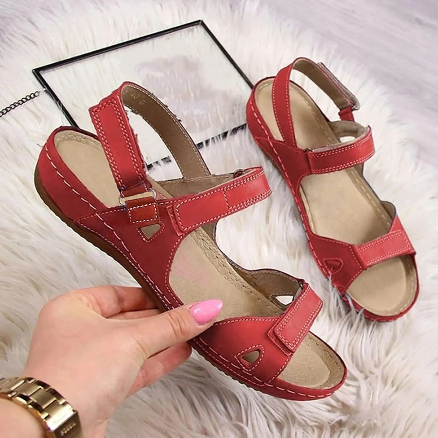 SuanlaTDS Flat Orthopedic Sandals for Women Comfortable Open Toe Adjustable Ankle Strap Platform 2025 Dressy Summer Beach Dress Shoes Arch Support Low Wedge Heel Walking Outdoor Sandal
