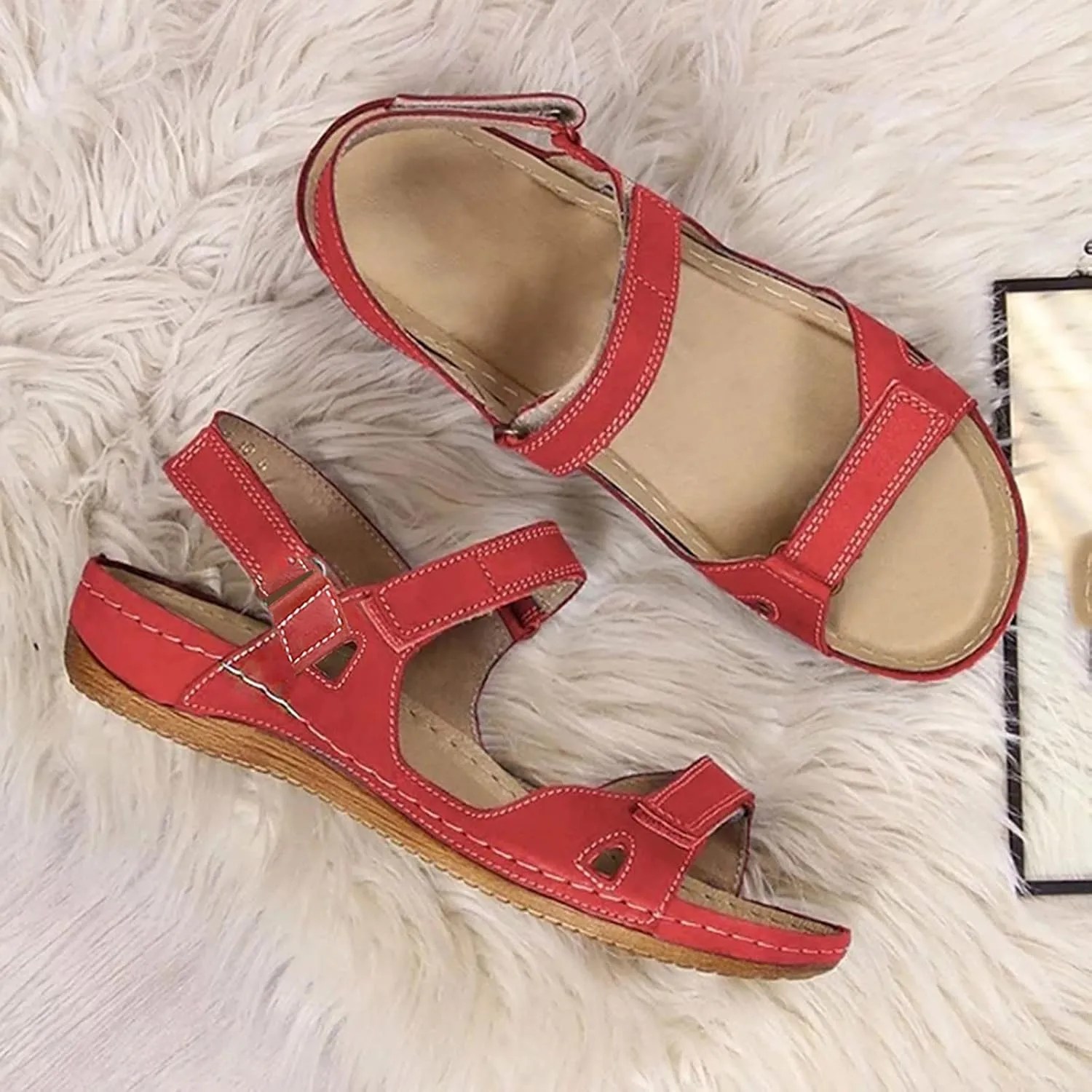 SuanlaTDS Flat Orthopedic Sandals for Women Comfortable Open Toe Adjustable Ankle Strap Platform 2025 Dressy Summer Beach Dress Shoes Arch Support Low Wedge Heel Walking Outdoor Sandal