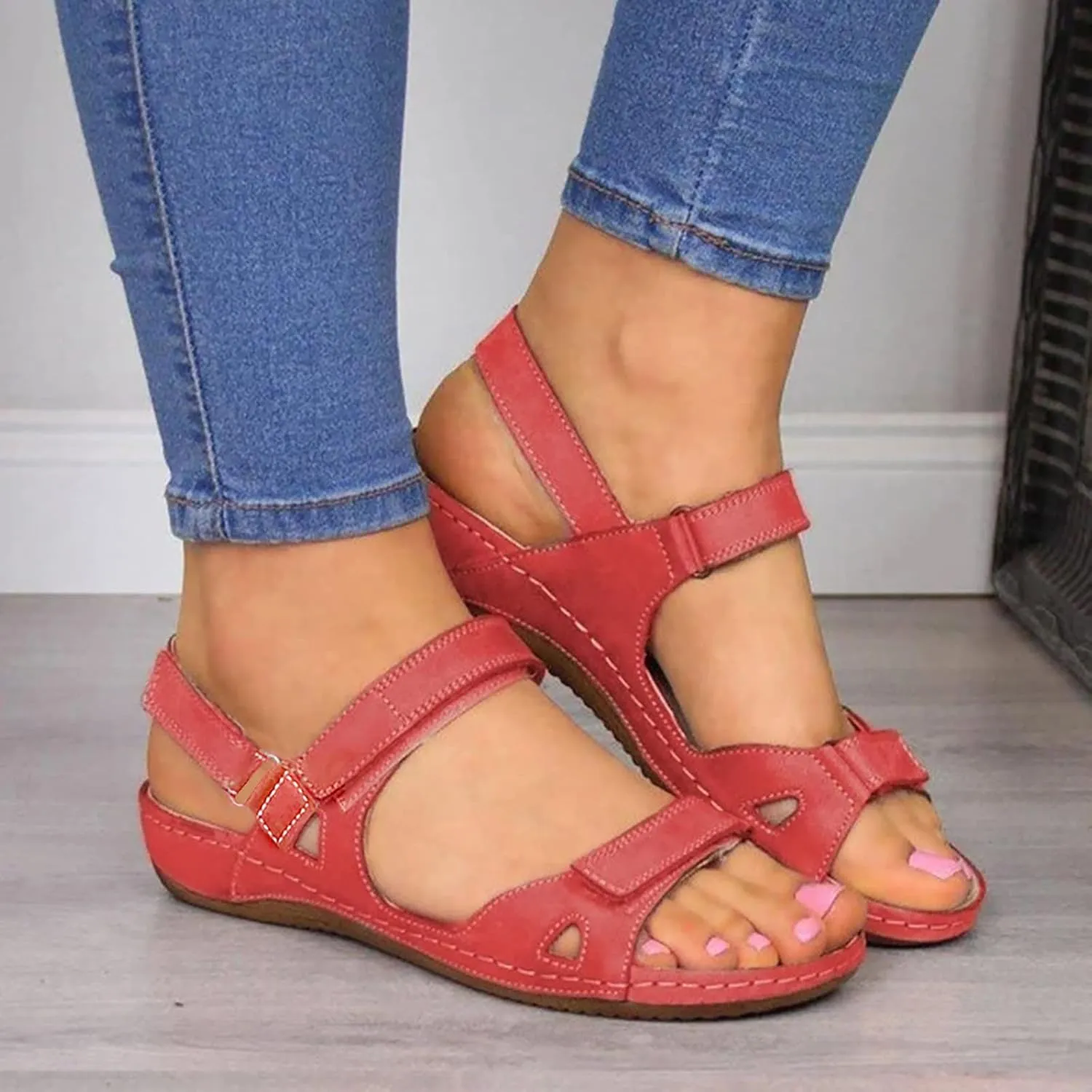 SuanlaTDS Flat Orthopedic Sandals for Women Comfortable Open Toe Adjustable Ankle Strap Platform 2025 Dressy Summer Beach Dress Shoes Arch Support Low Wedge Heel Walking Outdoor Sandal