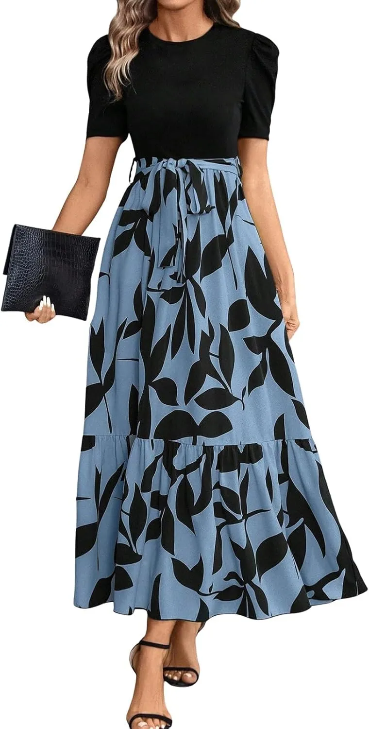 Summer Dresses for Women 2025 Maxi Dress Ruffle Short Sleeve Casual Floral Print Long Flowy Dresses with Pockets