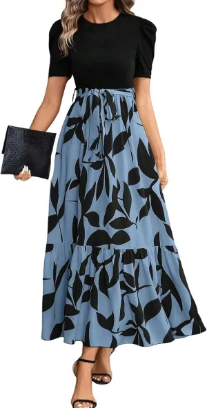 Summer Dresses for Women 2025 Maxi Dress Ruffle Short Sleeve Casual Floral Print Long Flowy Dresses with Pockets