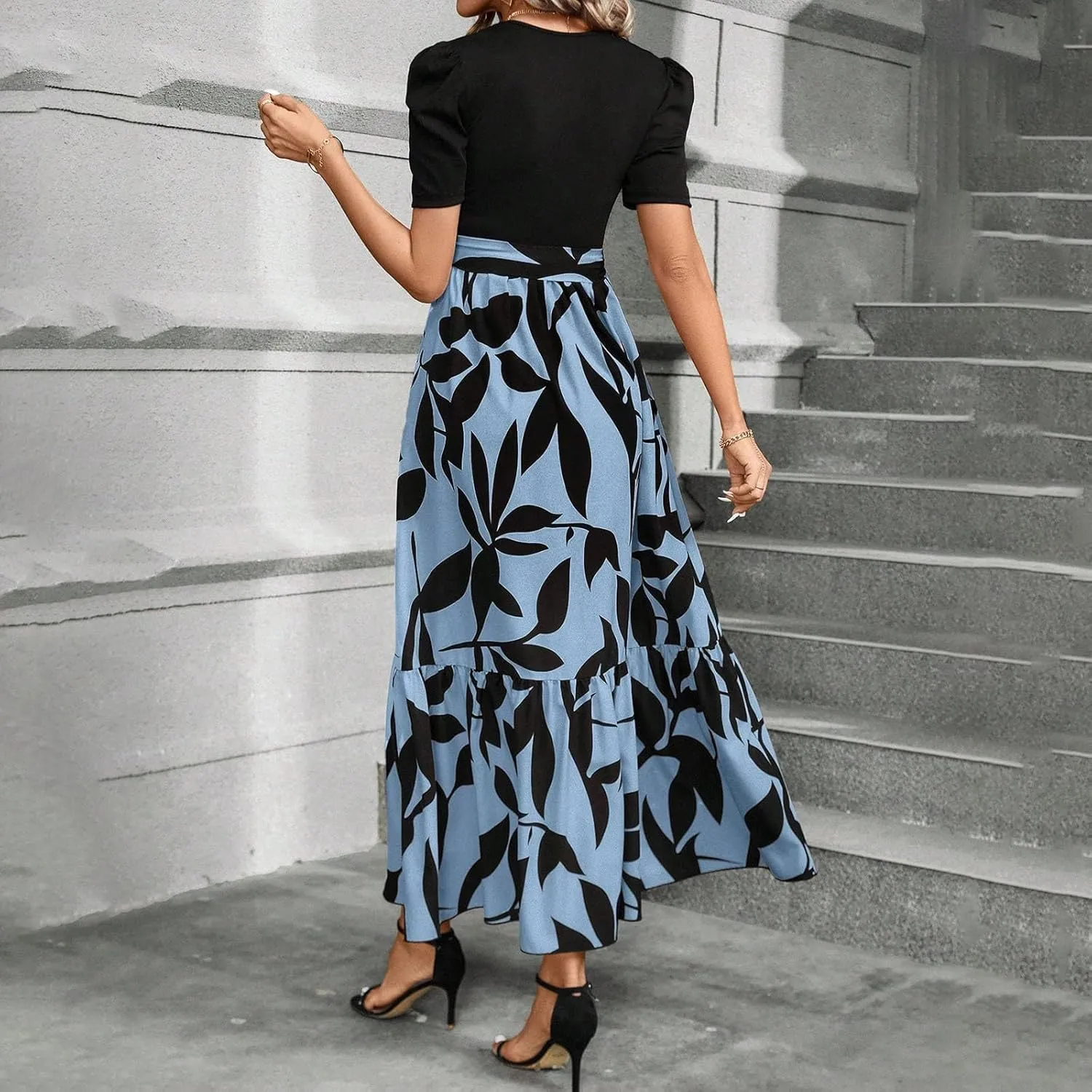 Summer Dresses for Women 2025 Maxi Dress Ruffle Short Sleeve Casual Floral Print Long Flowy Dresses with Pockets