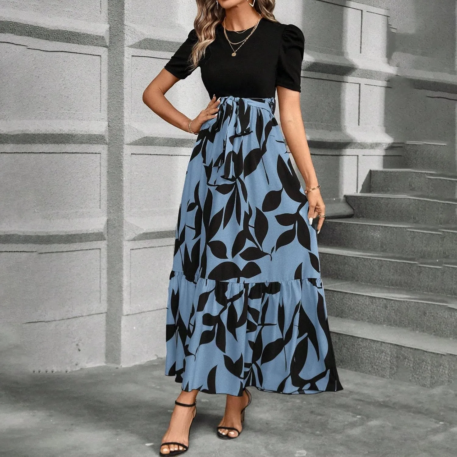 Summer Dresses for Women 2025 Maxi Dress Ruffle Short Sleeve Casual Floral Print Long Flowy Dresses with Pockets