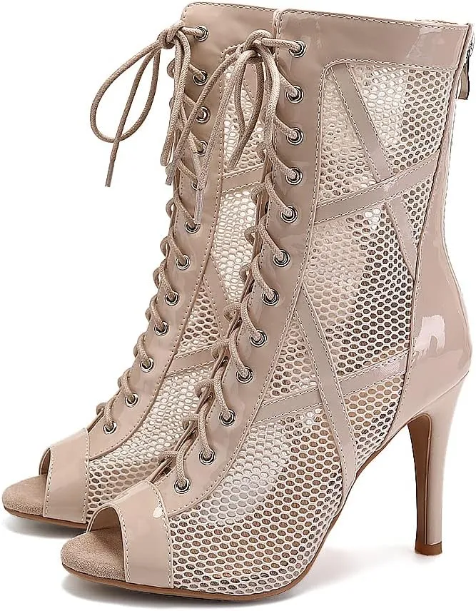 SWDZM Women's Ballroom Latin Salsa Dance Shoes Lace-up Open-Toe Dance Boots Mesh Performance Professional Dance Heels