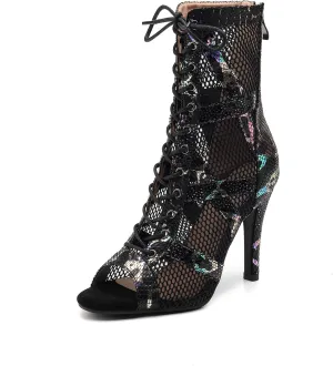SWDZM Women's Ballroom Latin Salsa Dance Shoes Lace-up Open-Toe Dance Boots Mesh Performance Professional Dance Heels