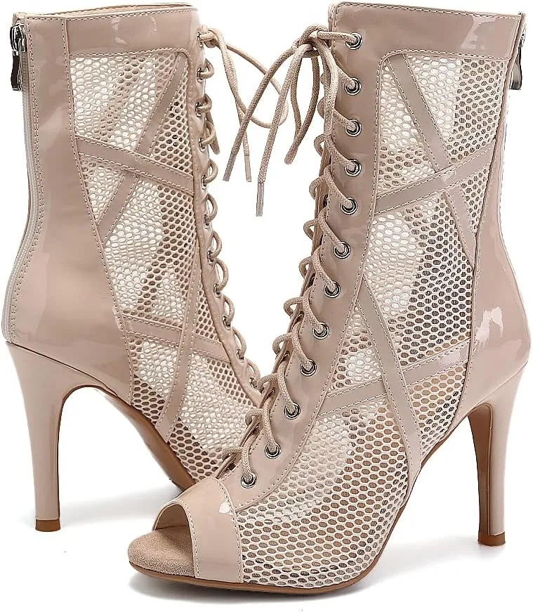 SWDZM Women's Ballroom Latin Salsa Dance Shoes Lace-up Open-Toe Dance Boots Mesh Performance Professional Dance Heels