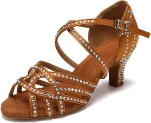 SWDZM Women's Latin Dance Shoes Rhinestone Ballroom Salsa Chacha Professional Performance Practice Dancing Shoes,Model YCL483