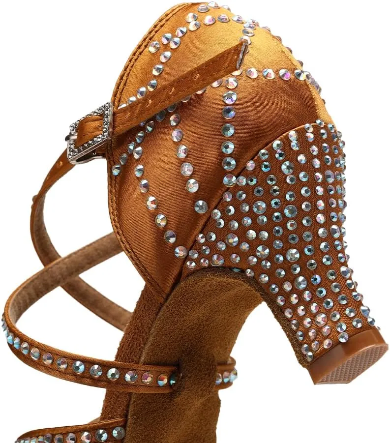 SWDZM Women's Latin Dance Shoes Rhinestone Ballroom Salsa Chacha Professional Performance Practice Dancing Shoes,Model YCL483
