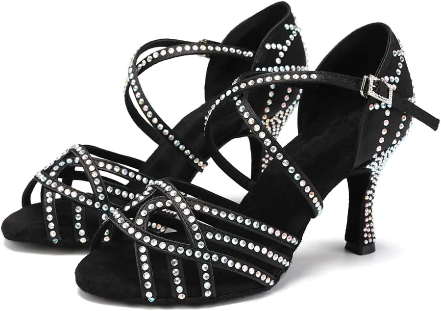 SWDZM Women's Latin Dance Shoes Rhinestone Ballroom Salsa Chacha Professional Performance Practice Dancing Shoes,Model YCL483
