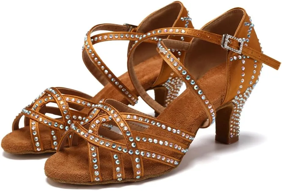 SWDZM Women's Latin Dance Shoes Rhinestone Ballroom Salsa Chacha Professional Performance Practice Dancing Shoes,Model YCL483
