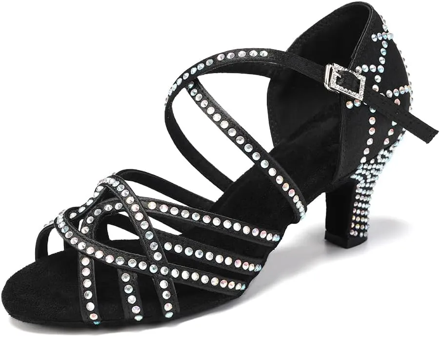 SWDZM Women's Latin Dance Shoes Rhinestone Ballroom Salsa Chacha Professional Performance Practice Dancing Shoes,Model YCL483