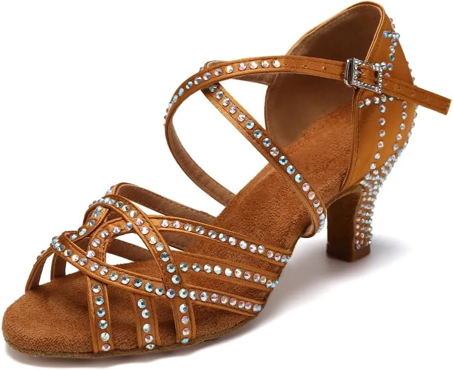 SWDZM Women's Latin Dance Shoes Rhinestone Ballroom Salsa Chacha Professional Performance Practice Dancing Shoes,Model YCL483