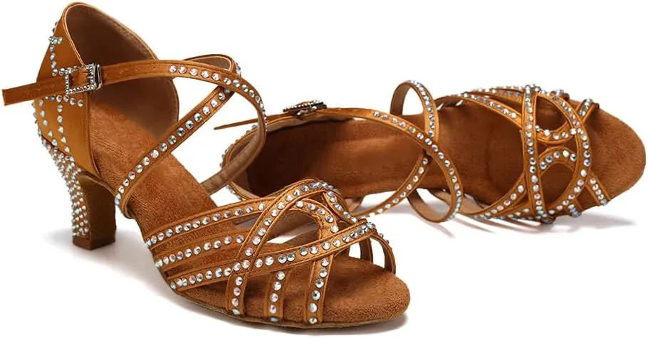 SWDZM Women's Latin Dance Shoes Rhinestone Ballroom Salsa Chacha Professional Performance Practice Dancing Shoes,Model YCL483