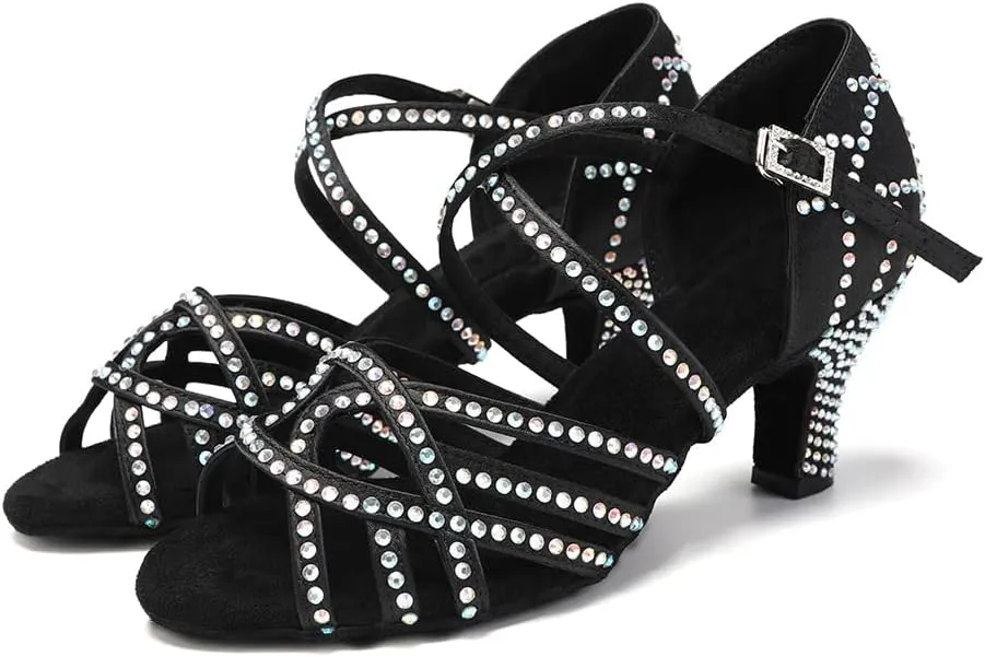 SWDZM Women's Latin Dance Shoes Rhinestone Ballroom Salsa Chacha Professional Performance Practice Dancing Shoes,Model YCL483