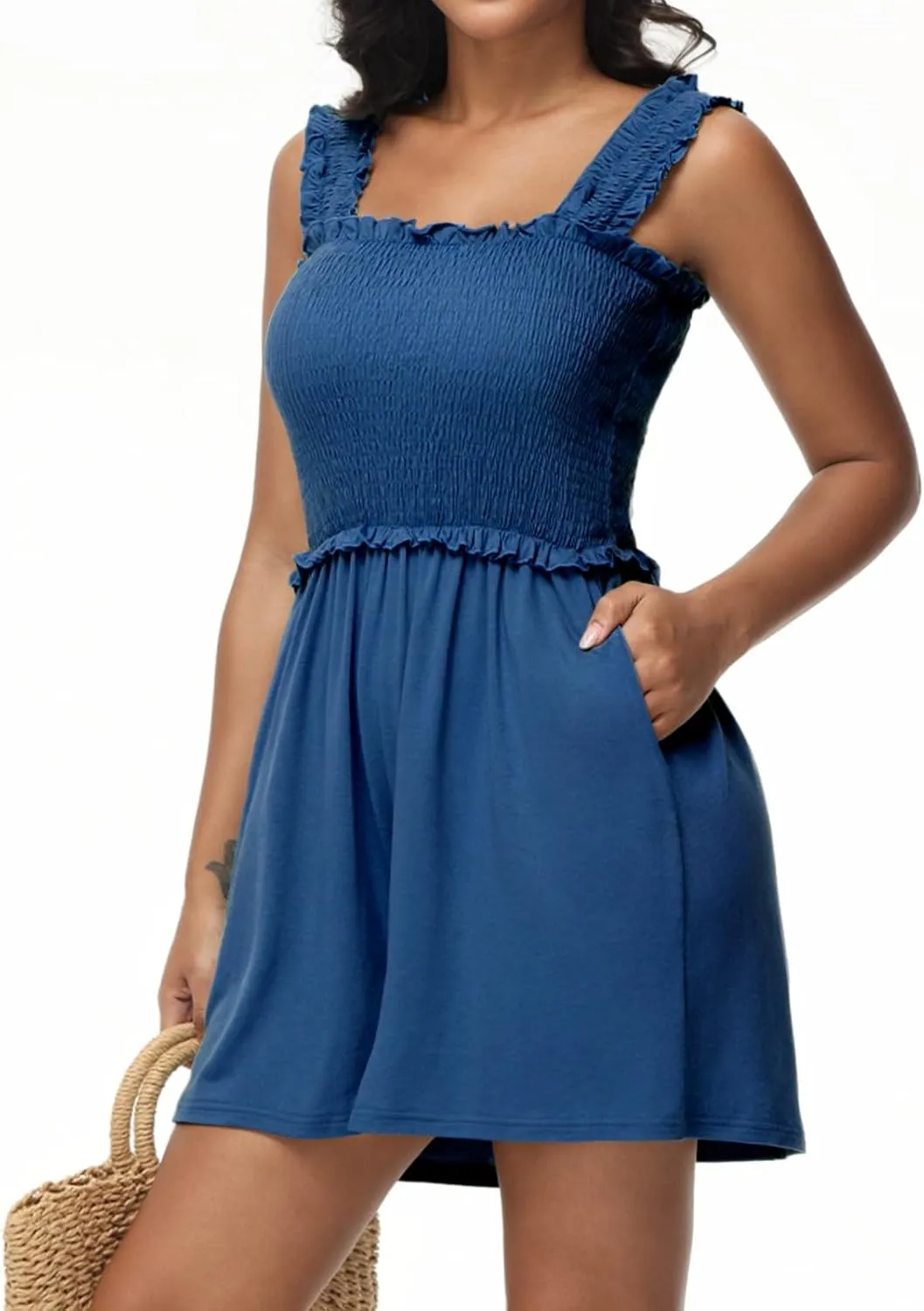 Tanou Women's Summer Casual Smocked Rompers Square Neck Sleeveless Loose Short Jumpsuit Flowy Beach Outfits with Pockets