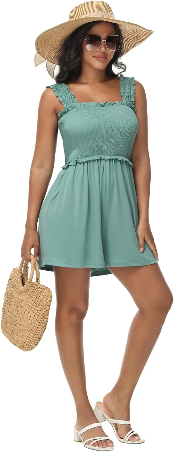 Tanou Women's Summer Casual Smocked Rompers Square Neck Sleeveless Loose Short Jumpsuit Flowy Beach Outfits with Pockets