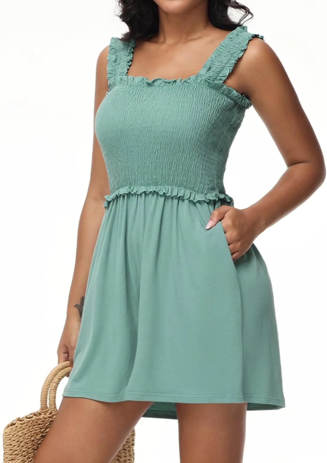 Tanou Women's Summer Casual Smocked Rompers Square Neck Sleeveless Loose Short Jumpsuit Flowy Beach Outfits with Pockets